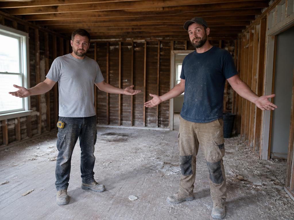 Two contractors shrugging in a gutted living room