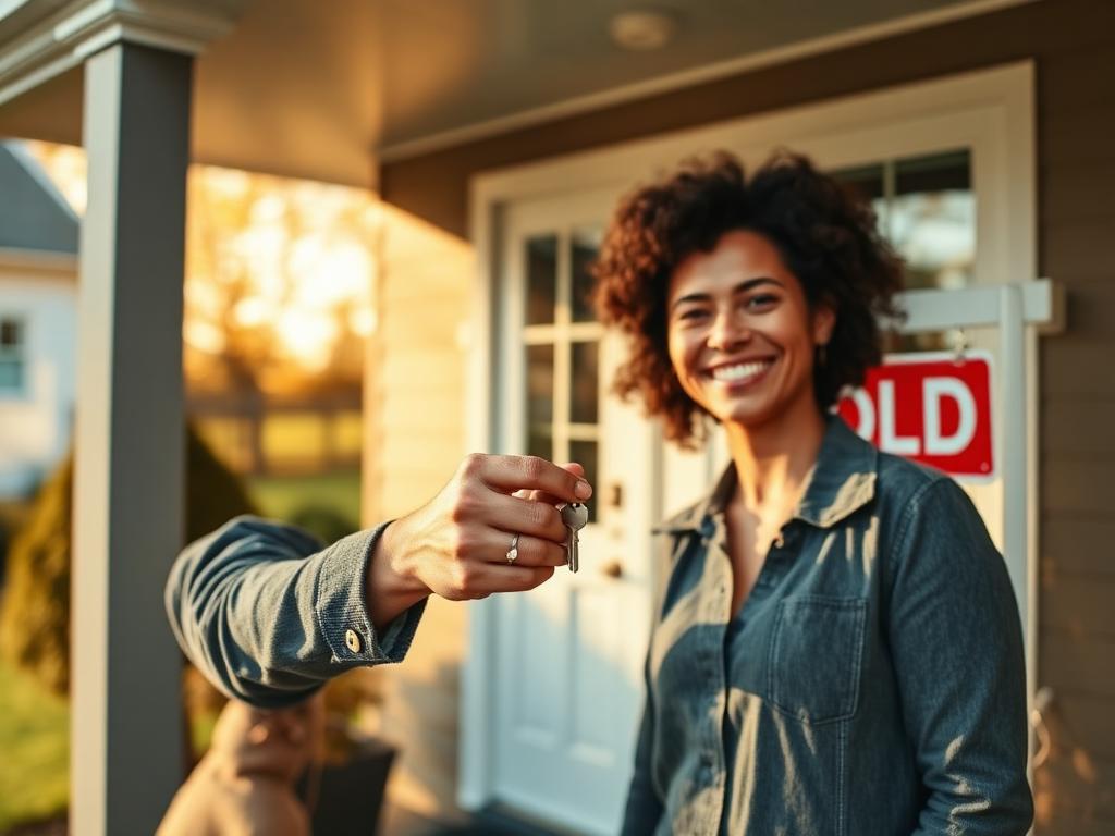 Person handing over house keys on a front porch