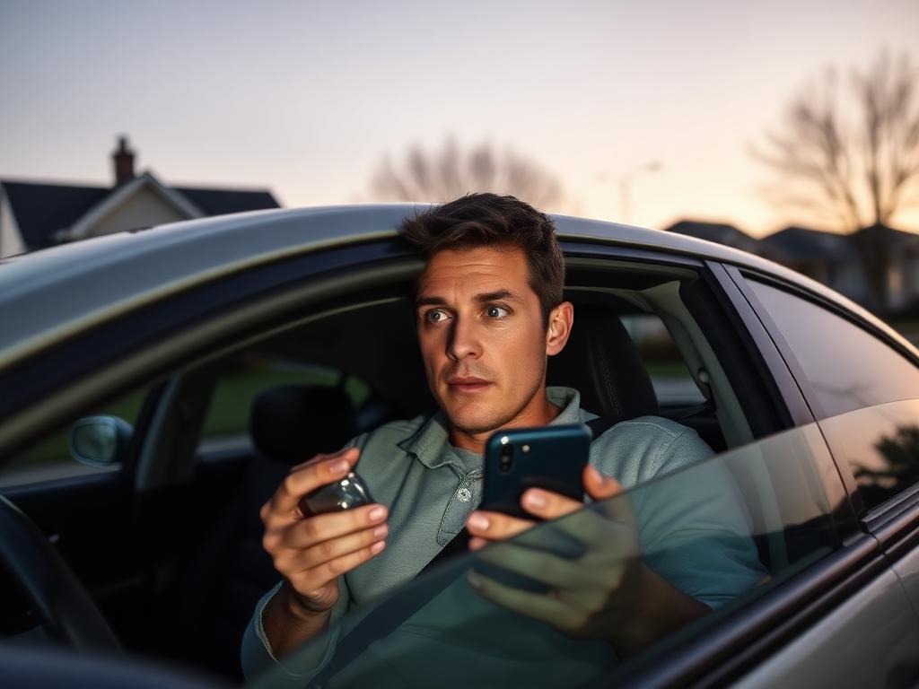 Investor sitting in a car staring at a phone in disbelief
