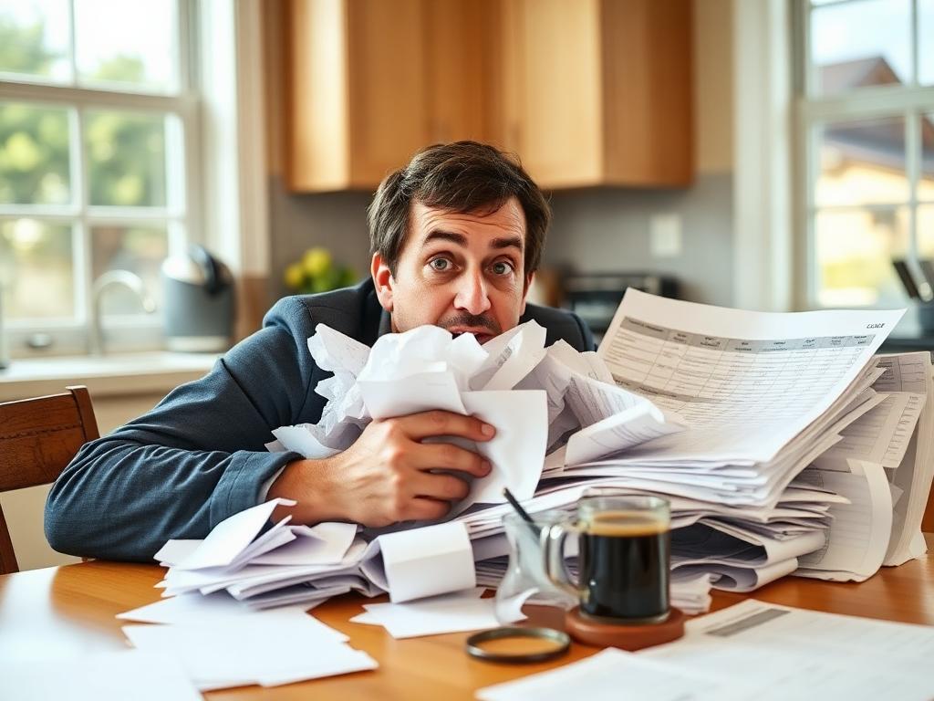 Investor buried in paperwork at a kitchen table