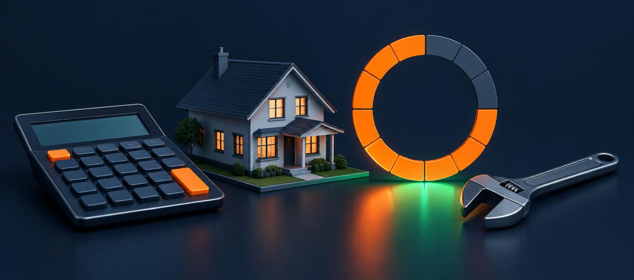 A house, calculator, repair wrench, and segmented investment rule gauge
