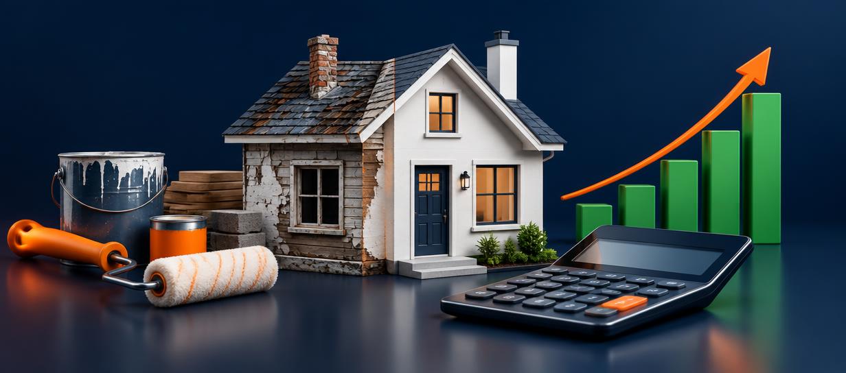 A house transforming from distressed to renovated beside a calculator and profit chart