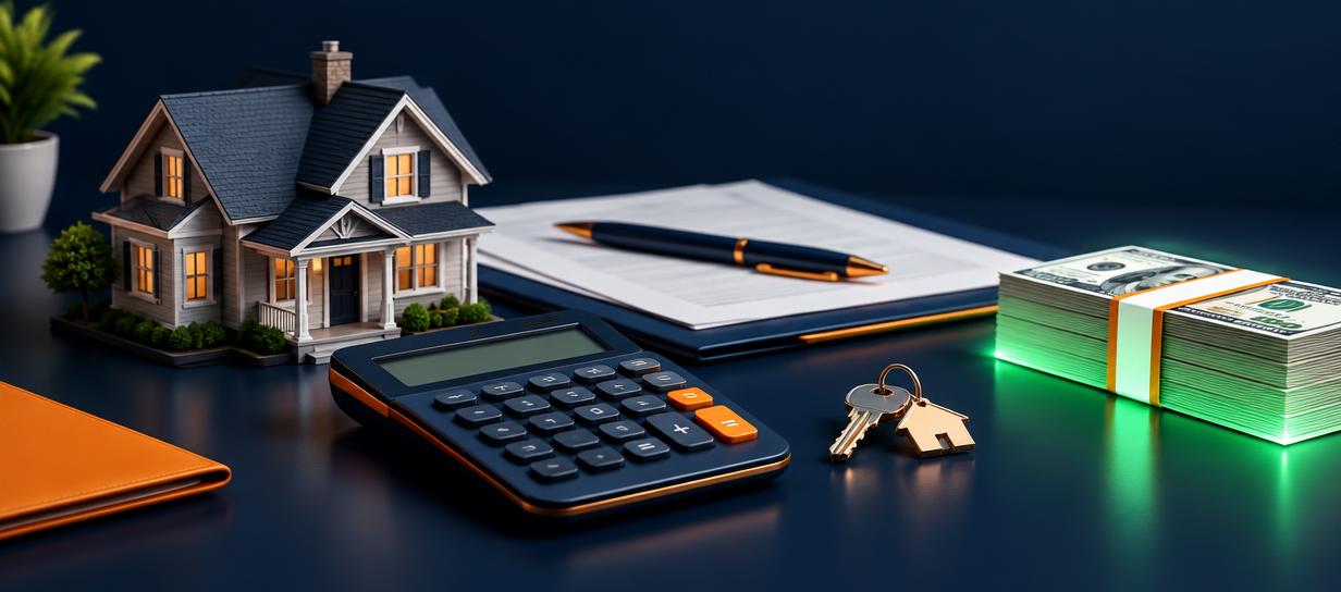 A house closing scene with a calculator, keys, documents, and seller proceeds